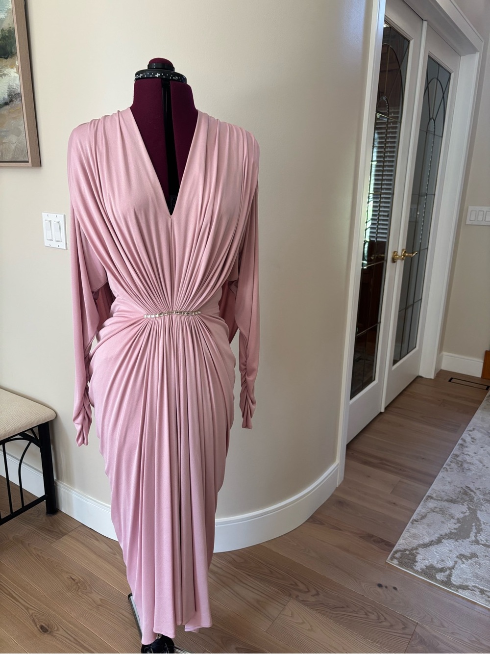 Tadashi Shoji Dusty Pink Ruched V-Neck Maxi Dress